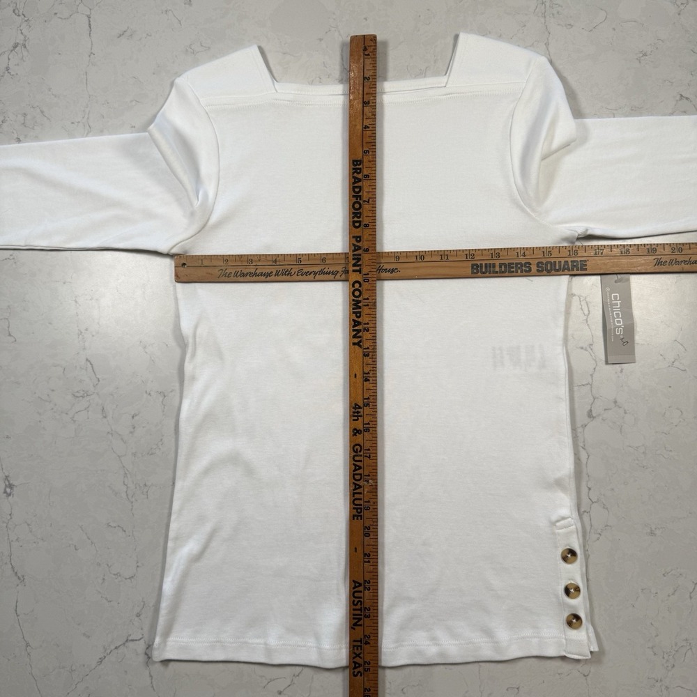 Chico's NWT Womens T Shirt Top 3/4 Sleeve  Button Accent White Bandeau Pima 0 Sm - Picture 10 of 16